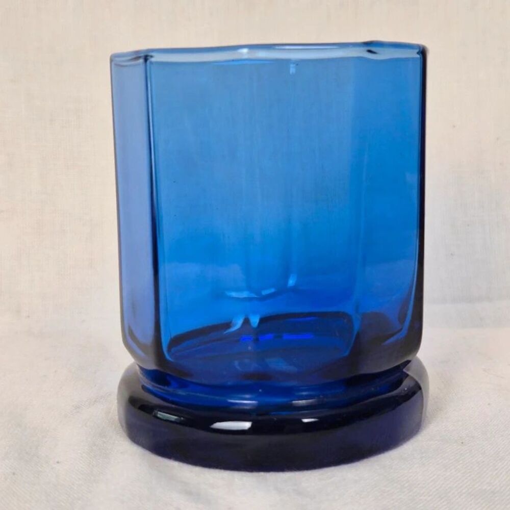 Vintage Cobalt Blue Paneled Glass Tumbler 10 Sided Rocks Lowball 3.75"
